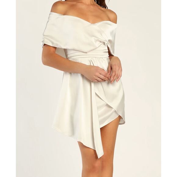 Lulus Dresses & Skirts - Lulus Satin Off-the-Shoulder Mini Dress Ivory Size Small NEW